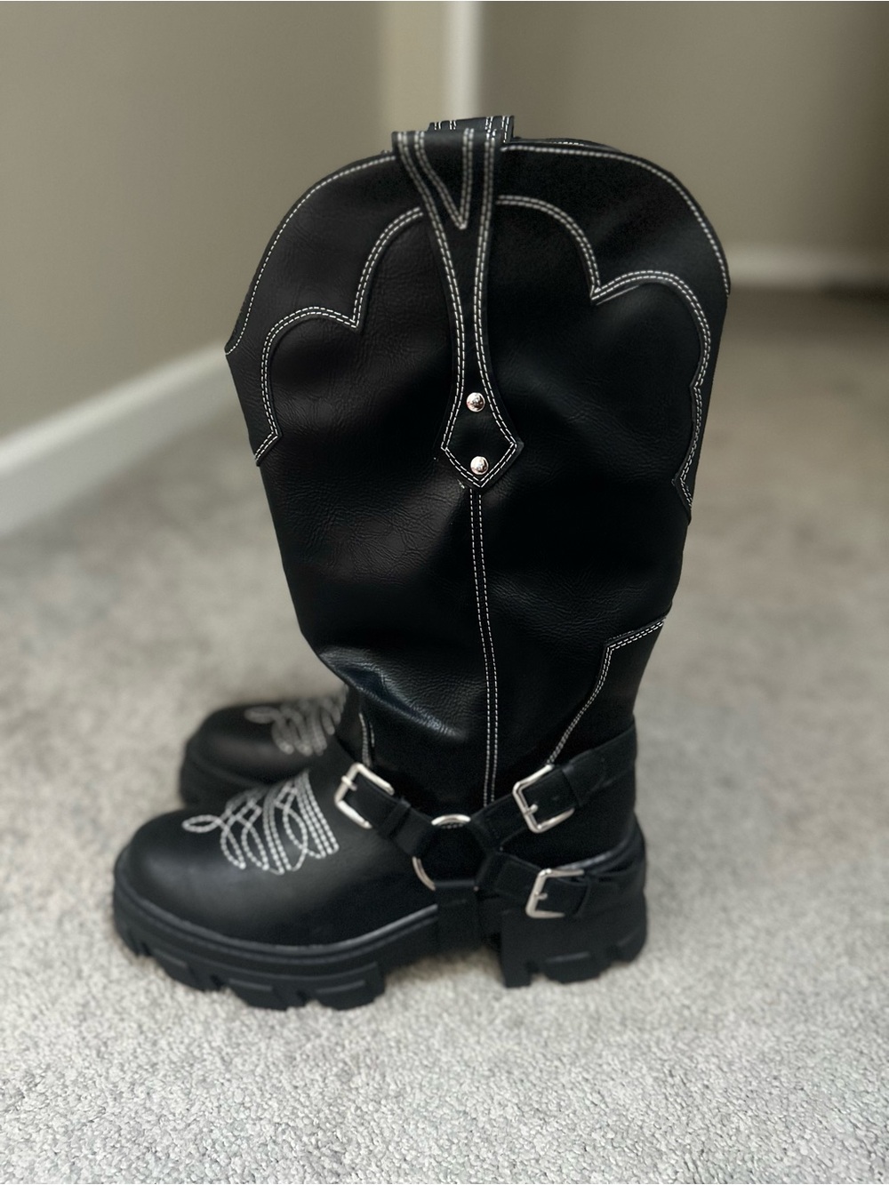 Black Western-Style Harness Chunky Sole Boots
